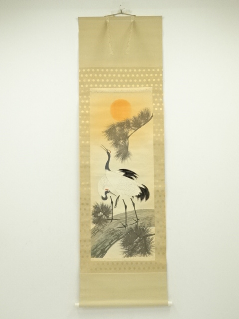 JAPANESE HANGING SCROLL / HAND PAINTED / PINE & CRANE 